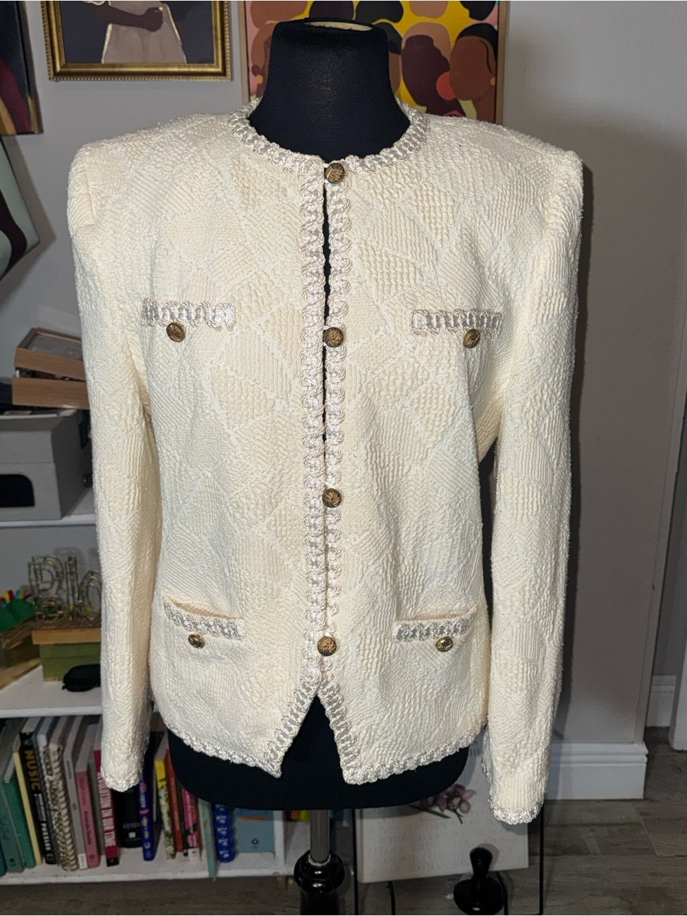 Women's Cream Textured Bouclé Blazer with Gold-Tone Buttons